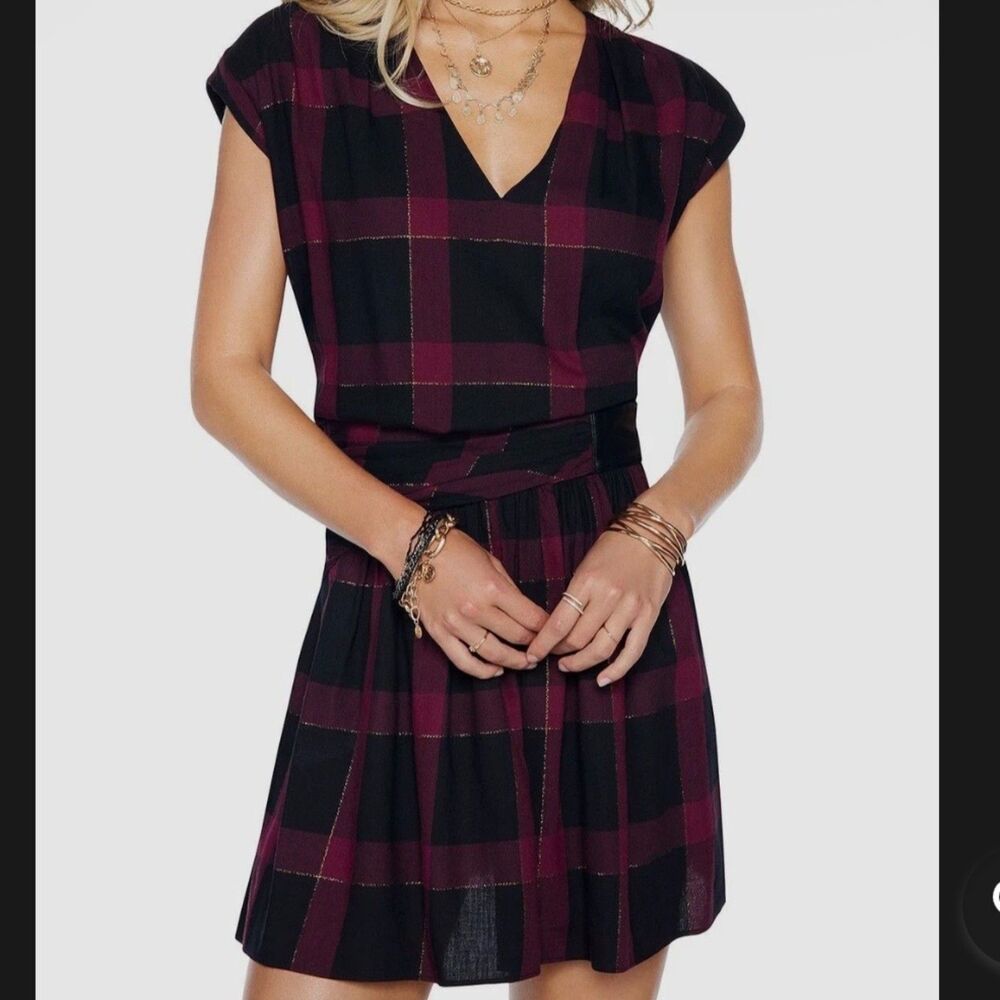Ramy Brook New York Plaid Sleeveless Dress Faux Leather Waist Metallic Small